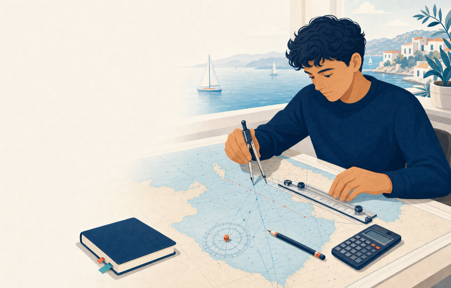 Estudiante resolviendo un ejercicio de carta náutica con compás y regla paralela