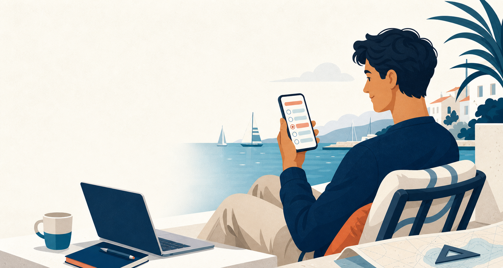 Alumno practicando preguntas del PER junto al mar